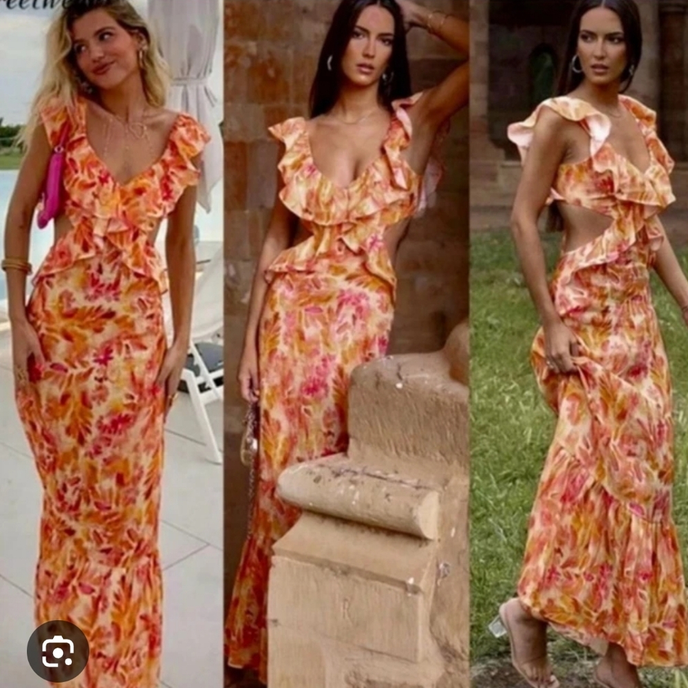 Zara NWT Floral Linen Cut Out Midi Dress XL Ruffle V-Neck Summer Boho